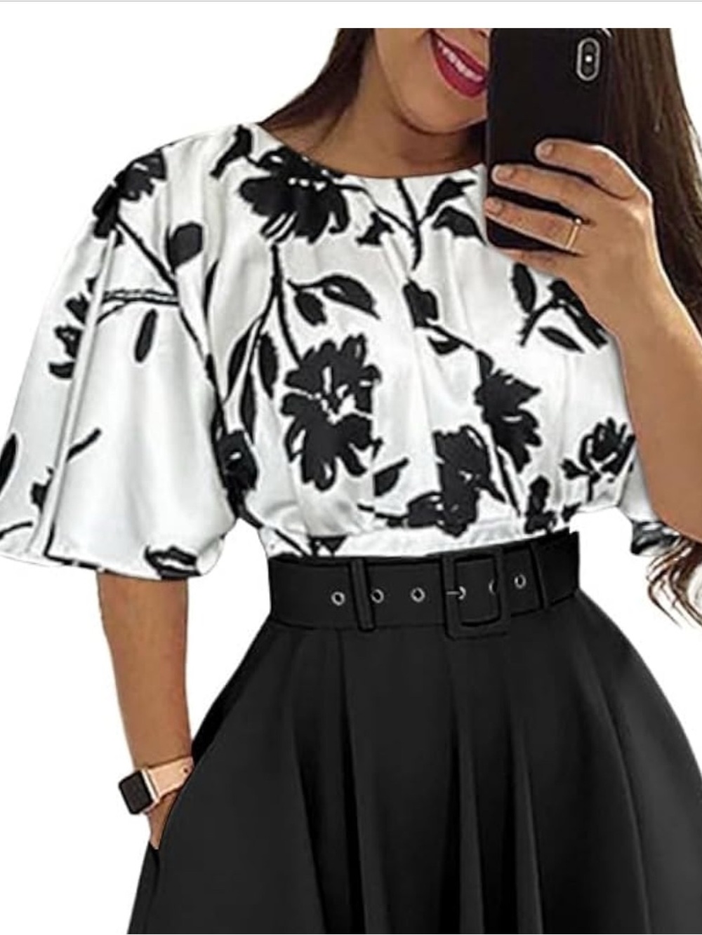 CHICME Black & White Floral Batwing Sleeve Women's Top Sz M